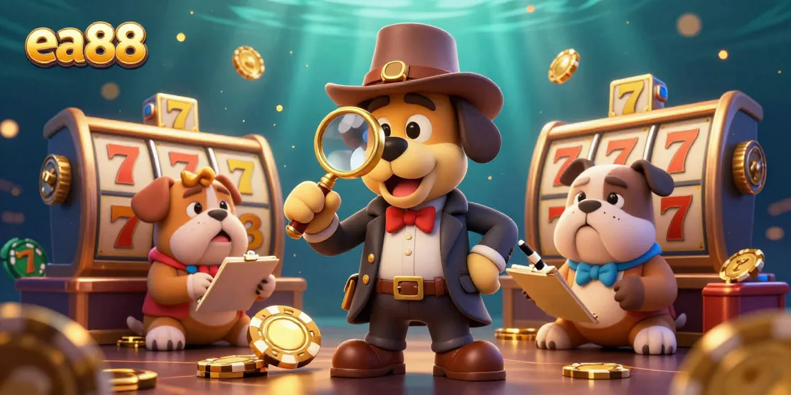 Explore ea88's vibrant casino world with a detective uncovering slot reel treasures in this colorful illustration.