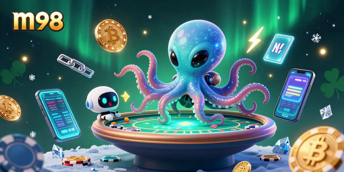 Engage in thrilling m98 casino action with a vibrant alien octopus and crypto-themed poker.