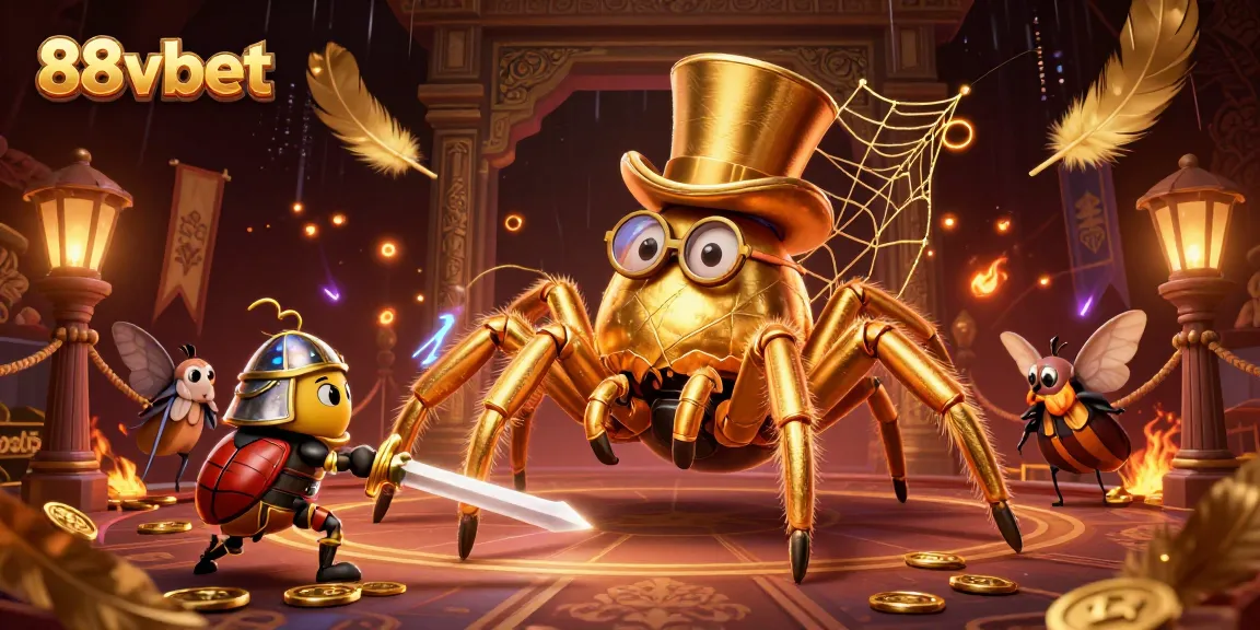 Engage with 88vbet's thrilling casino scene featuring a golden tarantula and knight in action.