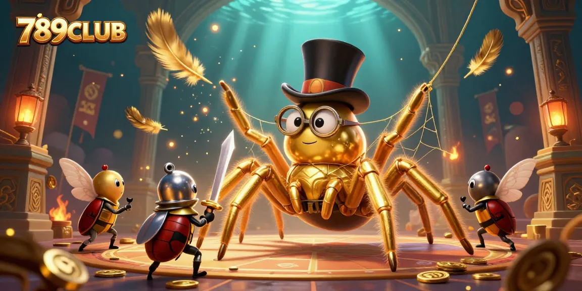 Bet on 789CLUB with a golden tarantula weaving a web in a vibrant 3D casino scene.