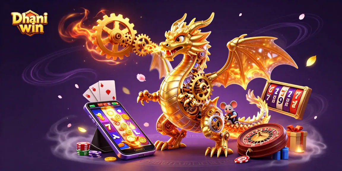 Dhani win platform showcases thrilling slot games with golden dragon and vibrant casino elements.