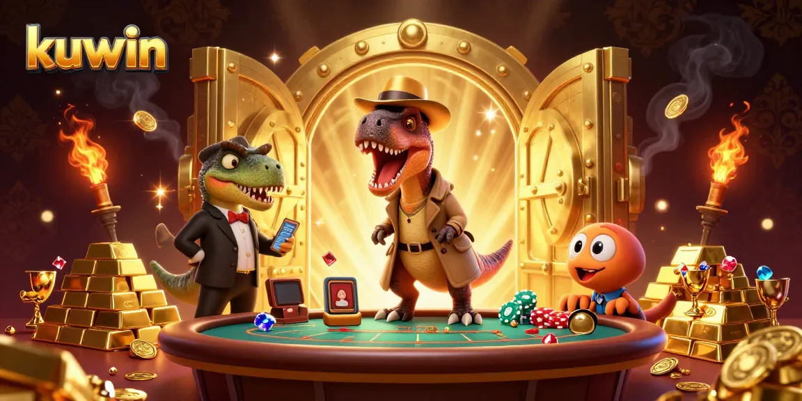 Kuwin velociraptor card counter at blackjack table amidst treasure and gems, showcasing casino excitement