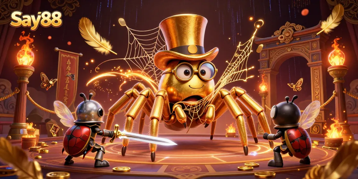 Engage with Say88's thrilling gaming universe, featuring a golden tarantula and beetle knight amidst casino excitement.