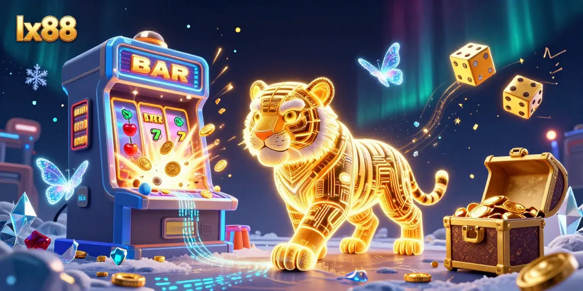Play exciting games at lx88, featuring a vibrant casino scene with neon tiger and jackpot bursts.