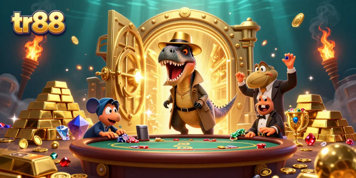Win big at tr88 with a fun scene of a velociraptor gambling at a blackjack table with gold treasures around