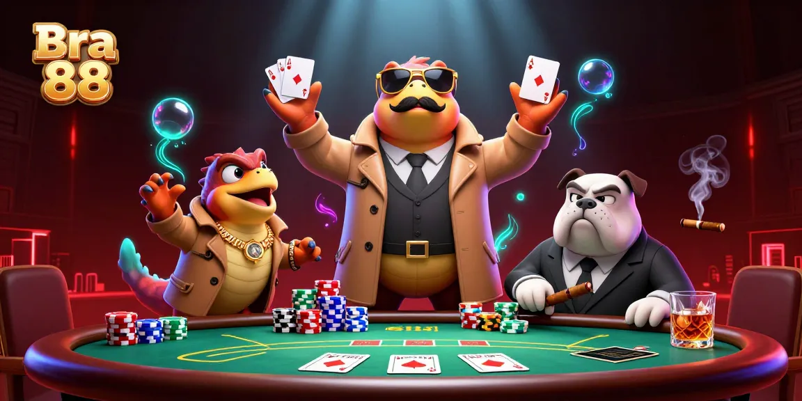 Experience Bra 88 as raptors hilariously attempt to enter a VIP casino, surrounded by poker elements.