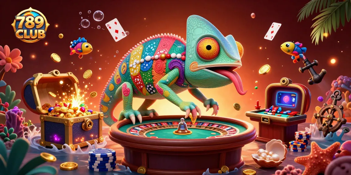 Engage with 789CLUB's vibrant 3D casino scene featuring a chameleon and casino game elements.