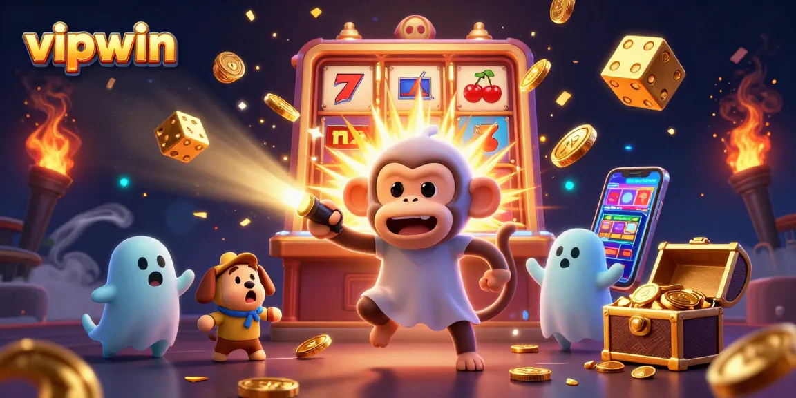 Experience the dynamic excitement of vipwin as a mischievous monkey juggles golden casino tokens.