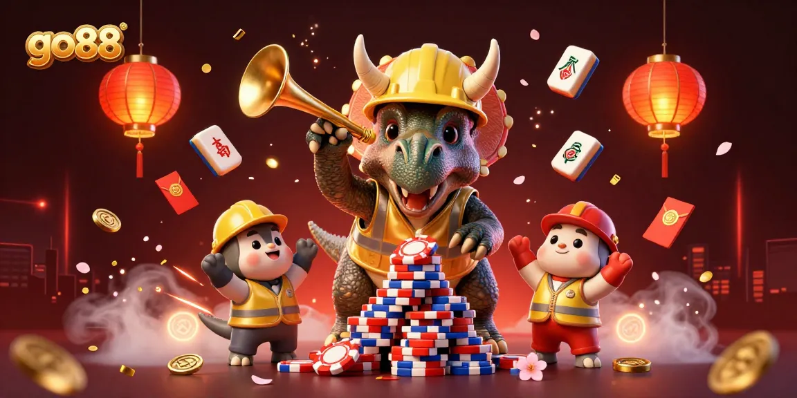 Engage with go88 as a 3D triceratops builds a pyramid of poker chips amidst festive casino elements.