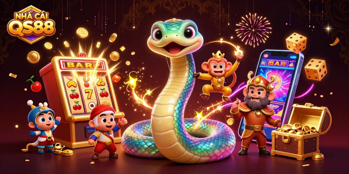 Experience the thrill with NHÀ CÁI QS88, showcasing a dynamic 3D illustration of casino games with vibrant characters and gold coins.